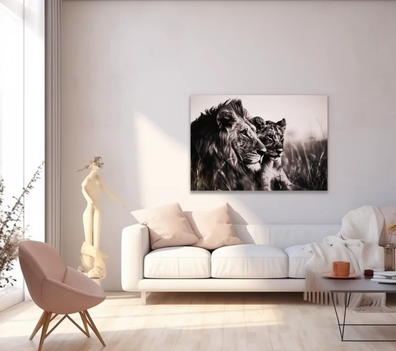 lienzo de un león con su cria en blanco y negro