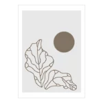 Lamina decorativa con un circulo mas pequeño y tono marrón verdoso en fondo gris con arte en lineas florales