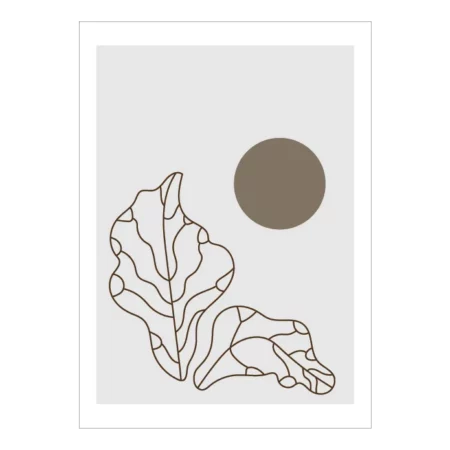 Lamina decorativa con un circulo mas pequeño y tono marrón verdoso en fondo gris con arte en lineas florales