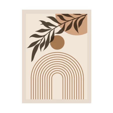 Lamina decorativa estilo geometrico y florar en tonos beiges con formas de arco, círculos y ramas de flores