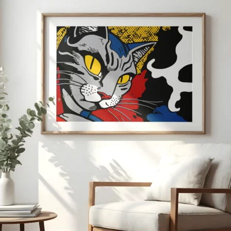 Primer plano de una lamina decorativa en la que aparece un gato dálmata con un fondo en tonos rojo y azules, negro y amarillos, este ultimo color con texturas el gato mira de lado.