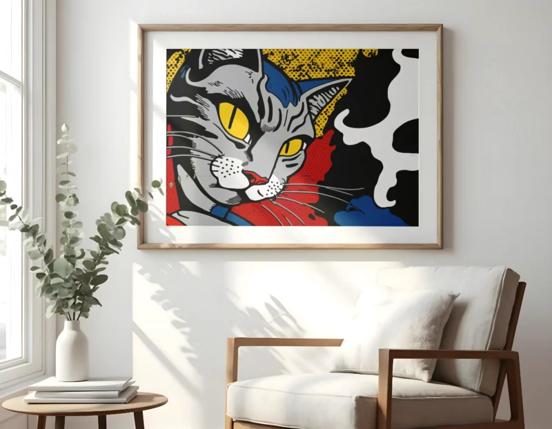 Primer plano de una lamina decorativa en la que aparece un gato dálmata con un fondo en tonos rojo y azules, negro y amarillos, este ultimo color con texturas el gato mira de lado.