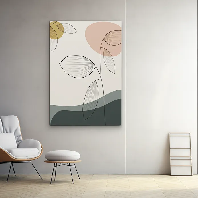 lienzo abstracto en tonos rojo, beige y negro con detalles florales