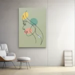 lienzo decorativo tipo line art en trazos negros con fondo verde y colores pastel