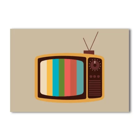 Lamina de TV estilo años 90 con la carta de juste de bandas el fondo de la ilustración es de color marrón la tv tiene tonos amarillos y marrones
