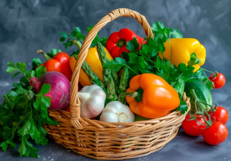 Cesta de productos de huerta como espárragos, pimientos, calabacín, ajos o cebollas, la cesta de mimbre sobre un fondo desenfocado gris, ideal para deocorar tus espacios relacionados con la cocina o la alimentación, laminas y lienzos impresos en tela de algodón 100%
