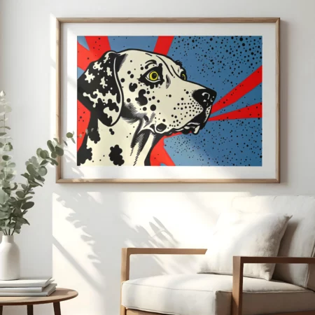 Primer plano de una lamina en la que aparece un perro dálmata con un fondo en tonos rojo y azules el perro mira de lado.