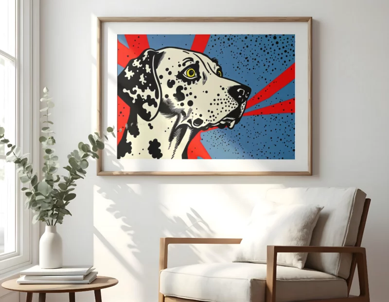 Primer plano de una lamina en la que aparece un perro dálmata con un fondo en tonos rojo y azules el perro mira de lado.