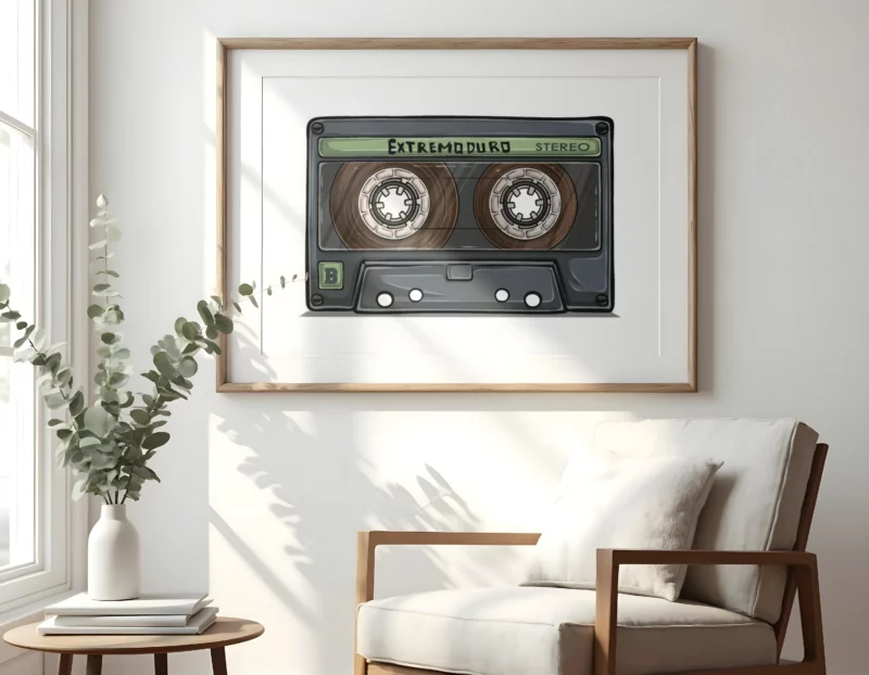 Lámina decorativa vintage que revive la era del cassette escrito extremoduro