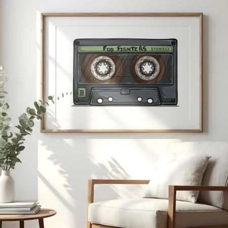 Lamina decorativa, es una cinta antigua de cassette de los años 90, en ella aparece escrito el nombre del grupo Flo Fighters, ideal si eres un nostálgico de aquella época