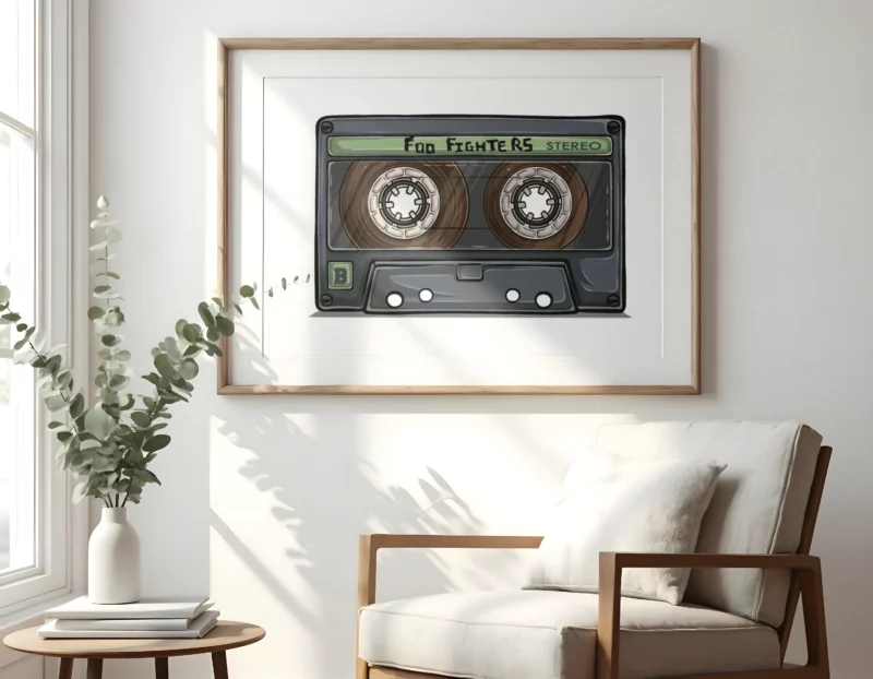 Diseño retro con cinta de cassette, pura nostalgia escribo foo fighters