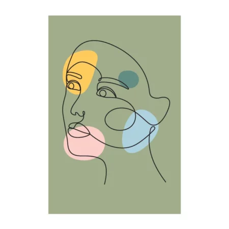 lamina decorativo tipo line art en trazos negros con fondo verde con detalles en amarillo verde y rojo