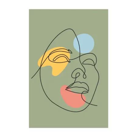 lamina decorativo tipo line art en trazos negros con fondo verde con detalles en amarillo verde y rosa