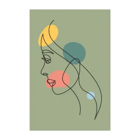 lienzo decorativo tipo line art en trazos negros con fondo verde y colores pastel