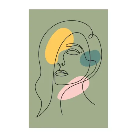 lamina decorativo tipo line art en trazos negros con fondo verde con detalles en amarillo verde y rosa