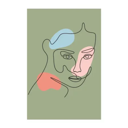 lamina decorativo tipo line art en trazos negros con fondo verde con detalles en azul, rojo y rosa