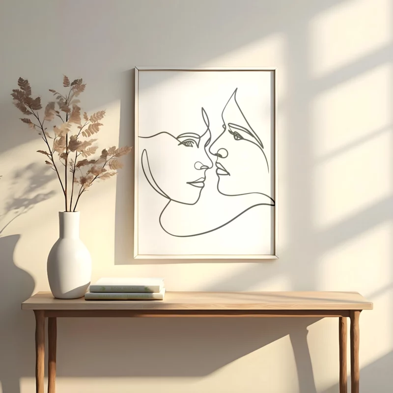 lámina decorativo tipo line art en trazos negros con fondo blanco y dos caras