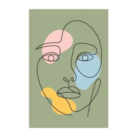 lamina decorativo tipo line art en trazos negros con fondo verde con detalles en azul, rojo y rosa