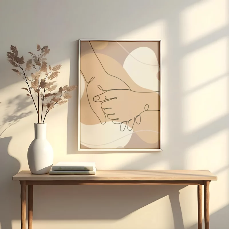 lienzo decorativo tipo line art en trazos negros con fondo beige y tono en crema