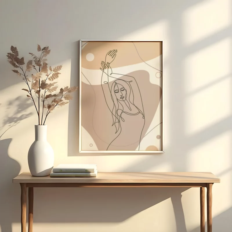 lienzo decorativo tipo line art en trazos negros con fondo beige y tono en crema