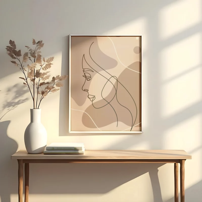 lienzo decorativo tipo line art en trazos negros con fondo beige y tono en crema
