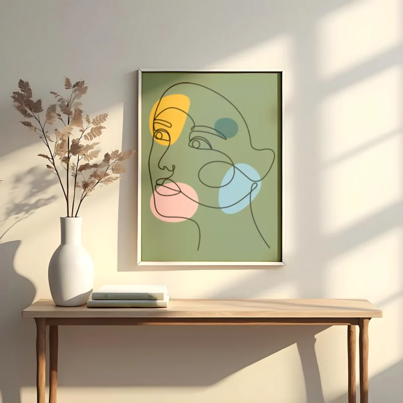 lamina decorativo tipo line art en trazos negros con fondo verde con detalles en amarillo verde y rosa