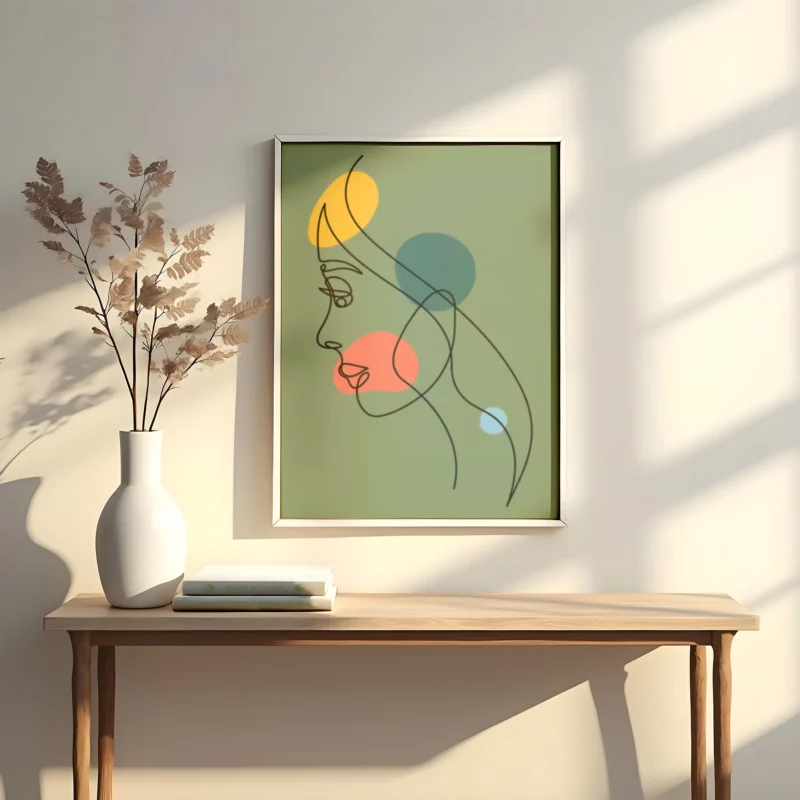 lamina decorativo tipo line art en trazos negros con fondo verde con detalles en amarillo verde y rojo