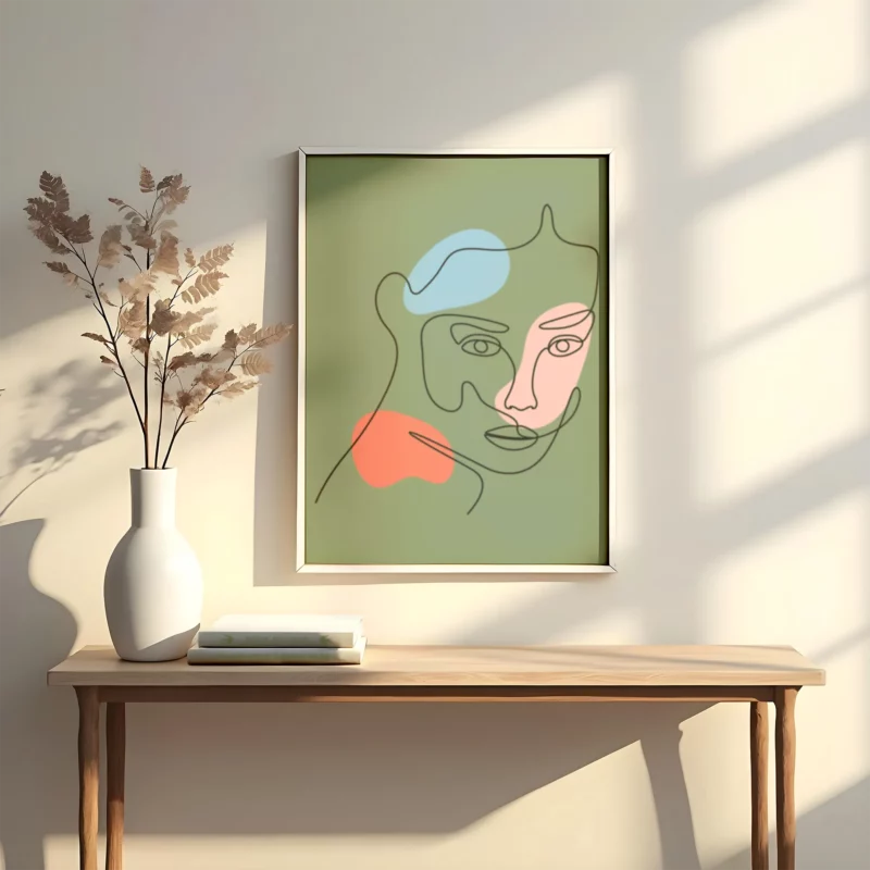 lamina decorativo tipo line art en trazos negros con fondo verde con detalles en azul, rojo y rosa