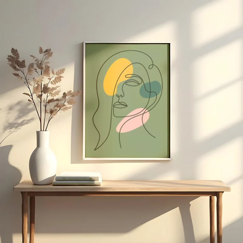 lamina decorativo tipo line art en trazos negros con fondo verde con detalles en amarillo verde y rosa