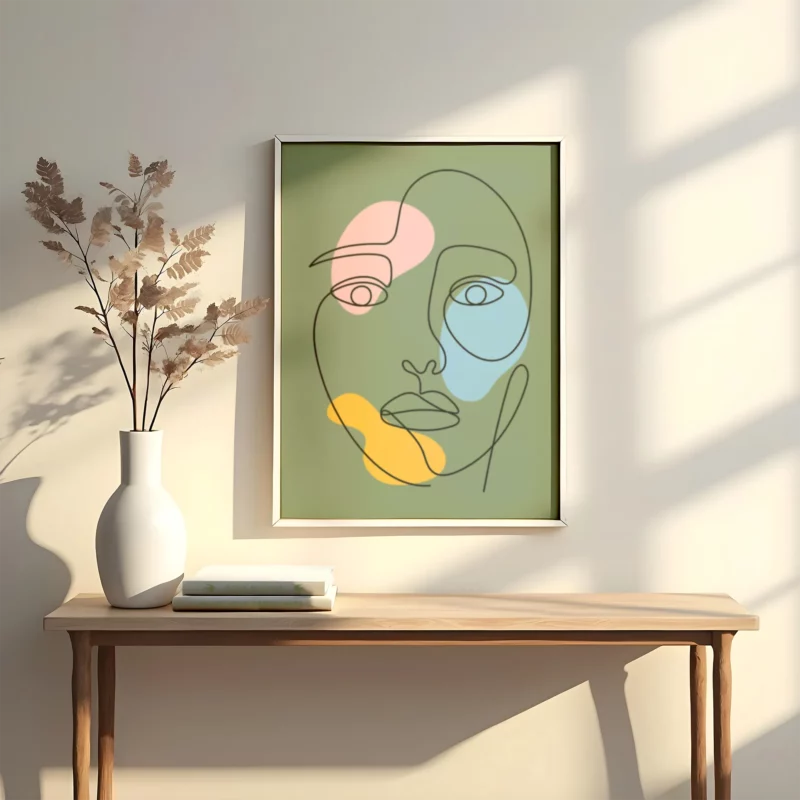 lamina decorativo tipo line art en trazos negros con fondo verde con detalles en azul, roa y amarillo