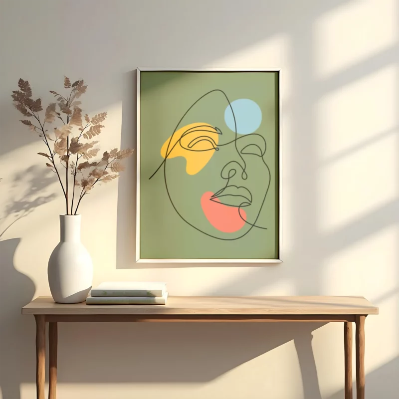 lamina decorativo tipo line art en trazos negros con fondo verde con detalles en amarillo verde y rosa