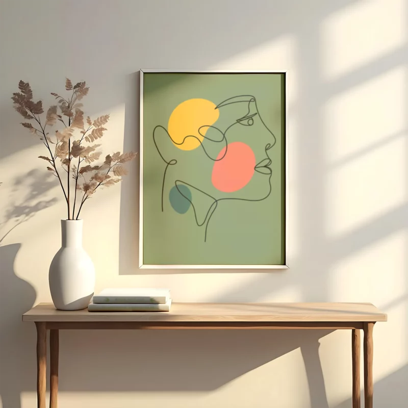 lamina decorativo tipo line art en trazos negros con fondo verde con detalles en amarillo y rojo