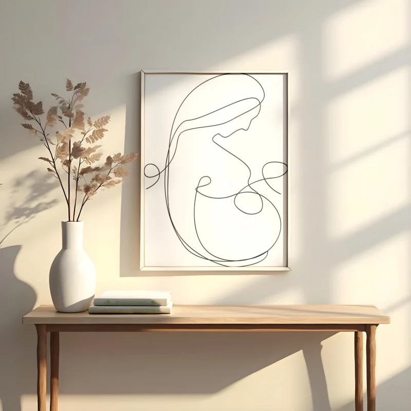 lamina decorativo tipo line art en trazos negros con fondo blanco con una mujer embarazada