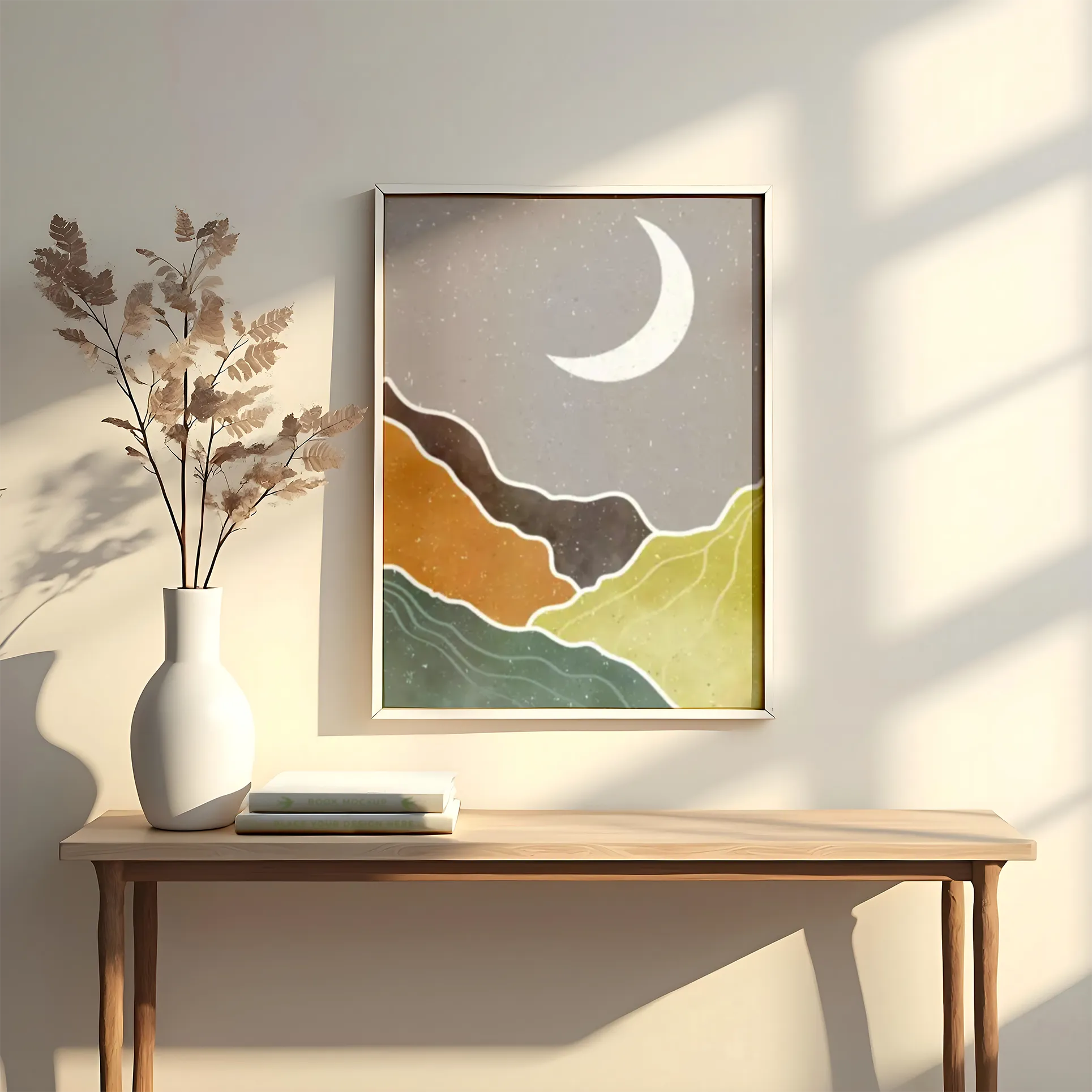 lamina abstracta en colores teja verde y naranja emulando una luna