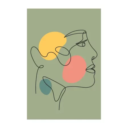 lamina decorativo tipo line art en trazos negros con fondo verde con detalles en amarillo y rojo