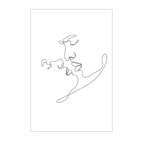 lamina decorativo tipo line art en trazos negros con fondo blanco con dos caras besandose