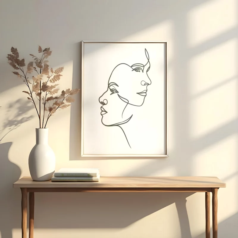 lamina decorativo tipo line art en trazos negros con fondo blanco con dos caras opuestas