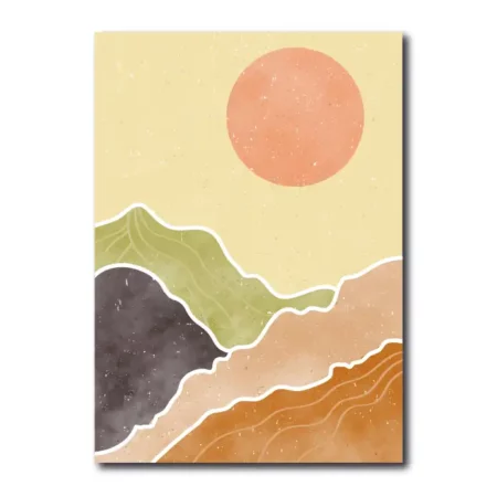 lienzo decorativo en tonos teja verde y naranja simulando un sol al amanecer