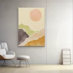 lienzo decorativo en tonos teja verde y naranja simulando un sol al amanecer