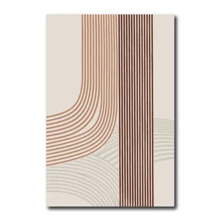 lienzo abstracto fondo gris con lineas rectas y curvas en colores teja, naranja y gris