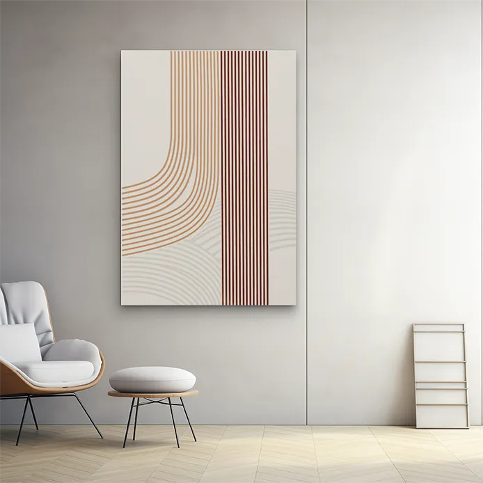 lienzo abstracto fondo gris con lineas rectas y curvas en colores teja, naranja y gris