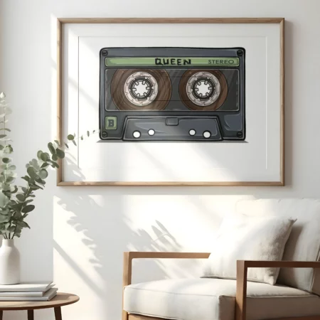 Lamina decorativa, es una cinta antigua de cassette de los años 90, en ella aparece escrito el nombre del grupo Queen, ideal si eres un nostálgico de aquella época