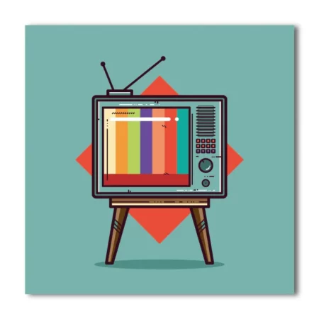 Lamina estilo reto de una TV estilo años 90 con un rombo en el fondo, apoyada en una mesa de madera, estilo ilustración con fondo verde pastel
