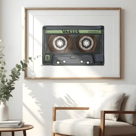 Lamina decorativa, es una cinta antigua de cassette de los años 90, en ella aparece escrito el nombre del grupo varios, ideal si eres un nostálgico de aquella época