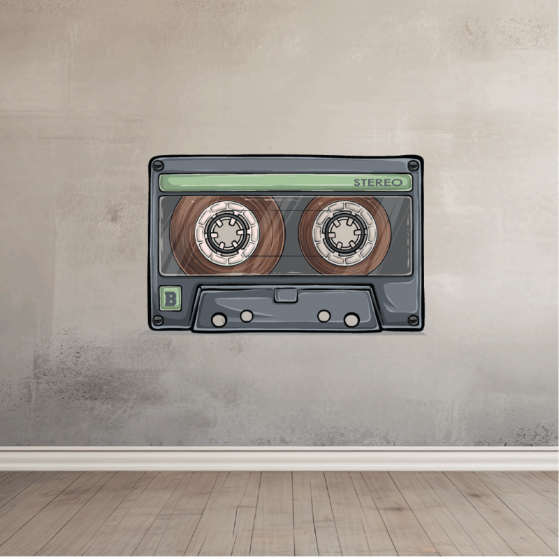 Cinta retro tipo cassette personalizada con el nombre del grupo musical que elijas, diseño vintage estilo años 80 y 90.