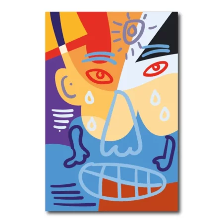 Lienzo cubista con rostro abstracto inspirado en Picasso, en tonos cálidos y formas geométricas
