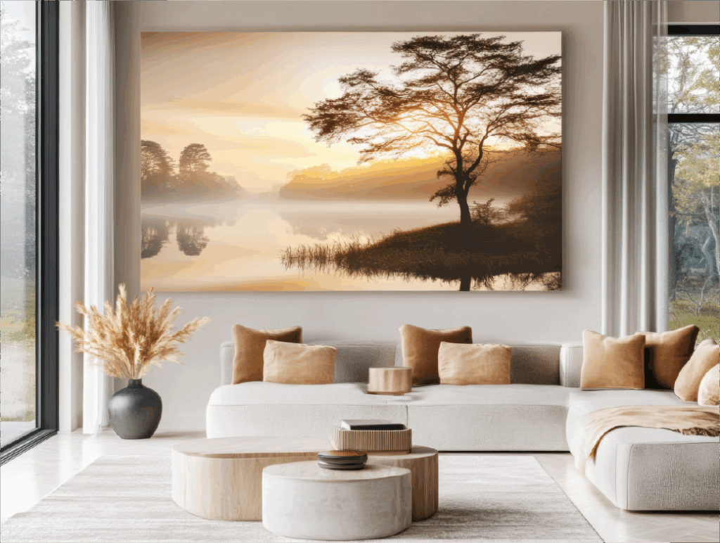 Salón elegante decorado con un lienzo personalizado de gran formato
